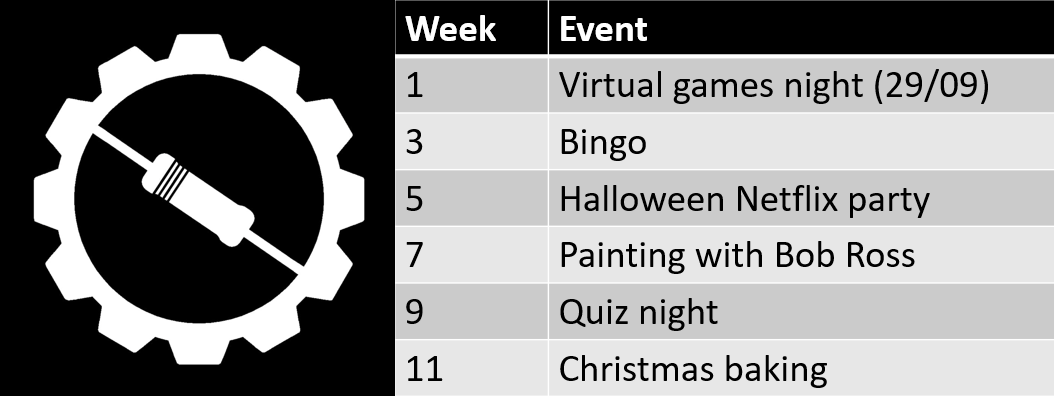 BEAMES logo with list of events: week 1 is virtual games night, week 3 has bingo, week 5 is a halloween Netflix party, week 7 has painting with Bob Ross, week 9 is a quiz night and week 11 is Christmas baking