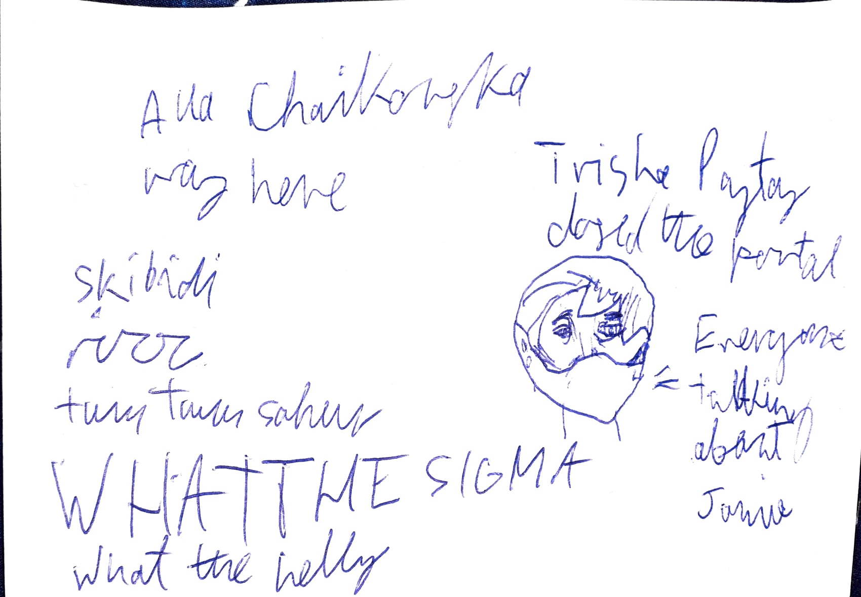 Several messy scribbles. A drawing of a masked man, Skibidi, WHAT THE SIGMA, What the helly, Trishe Patey closed the portal, Everyone thinking about Jamie.