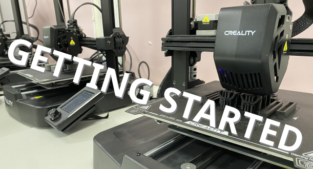 photo of 3d printers with the text 'getting started' overlayed on top