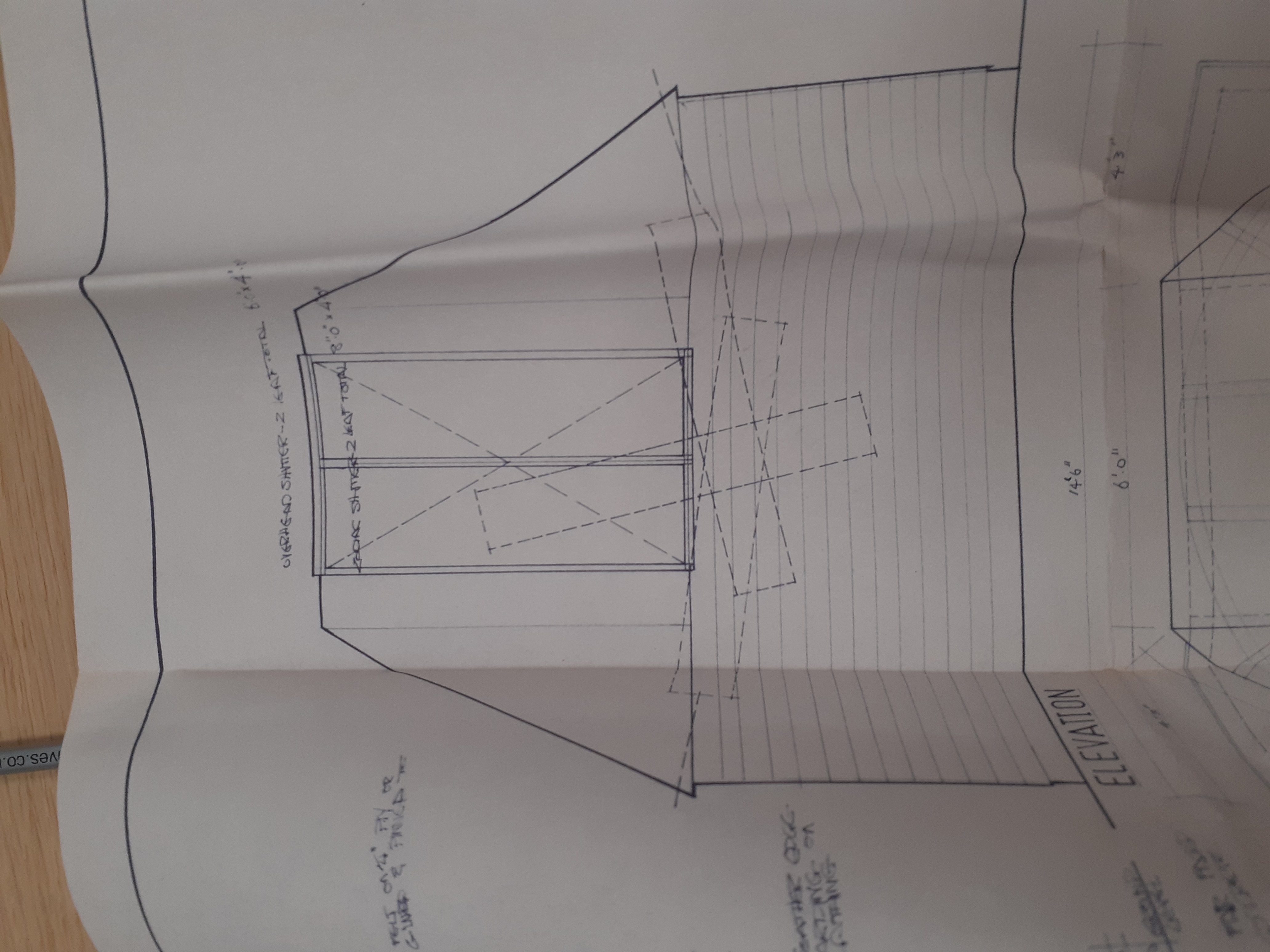 Scale drawing of AstroSoc observatory as viewed from the side. It has an trapazoidal roof with a large hole for observation on top of a rectangular base.