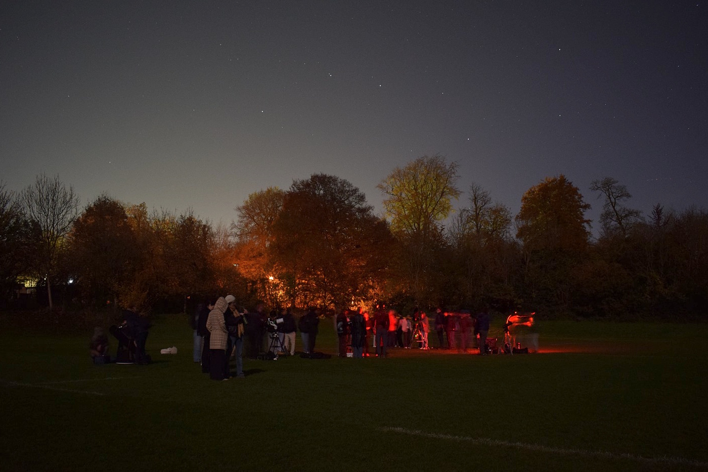 A crowd of students around telescopes lit by red torches. Above the treeline, the Plough constellation can be seen.