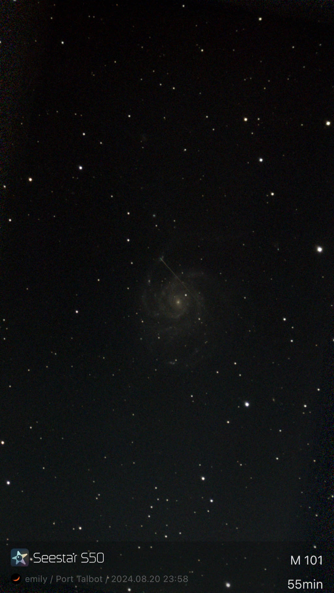 Photo of the Whirlpool galaxy. The Seestar interface footer shows some technical infomation.
