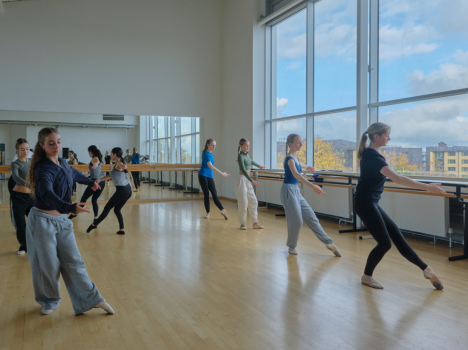 Students performing ballet in the edge building