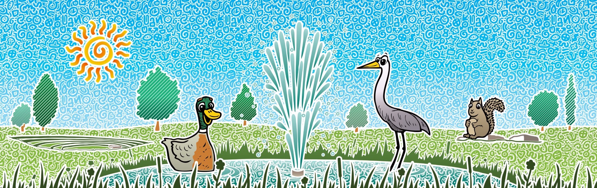 Graphic of duck, heron and squirrel at lake